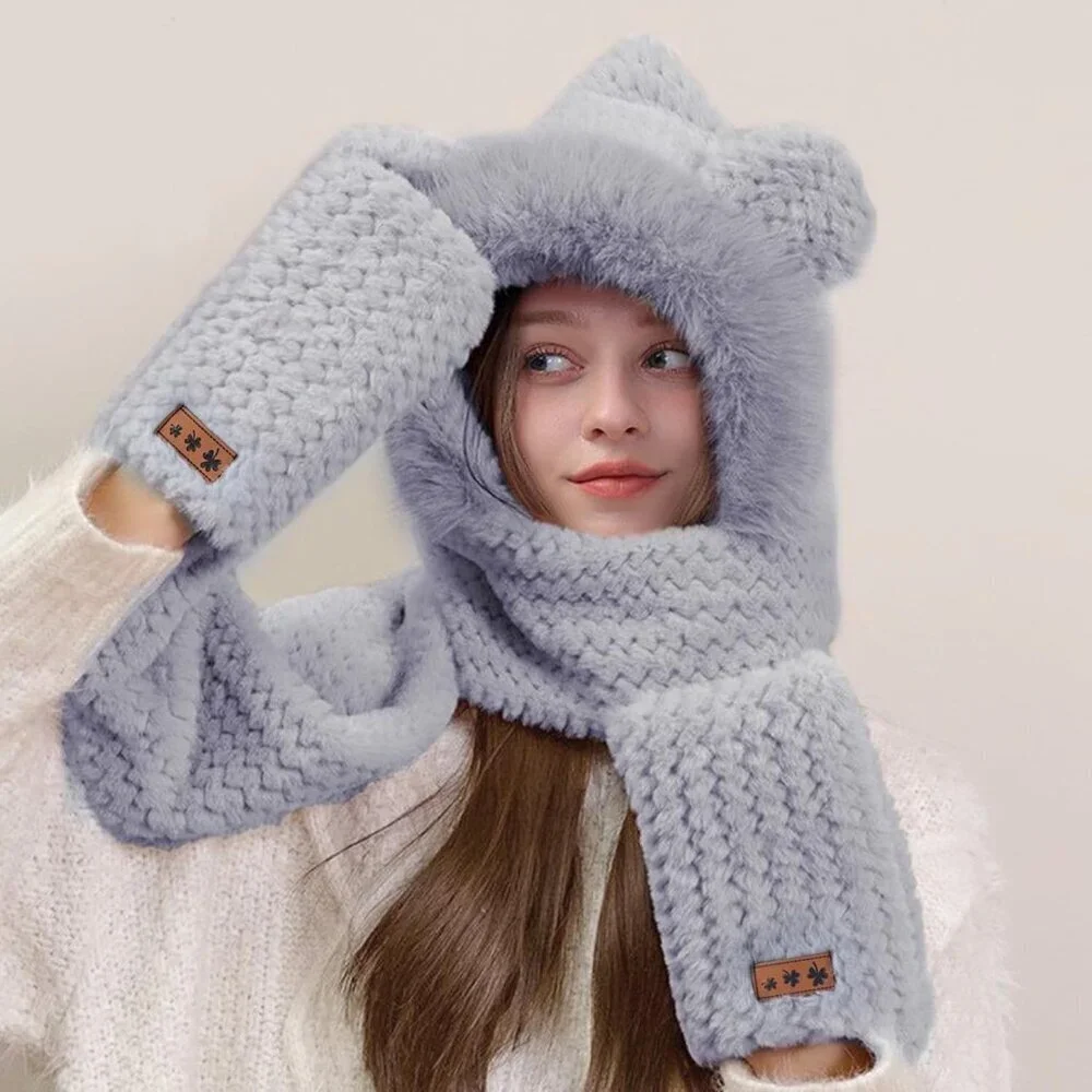 Women's Gray Hooded Scarf Cute Bear Ear Hat Faux Fur Gloves Set Soft